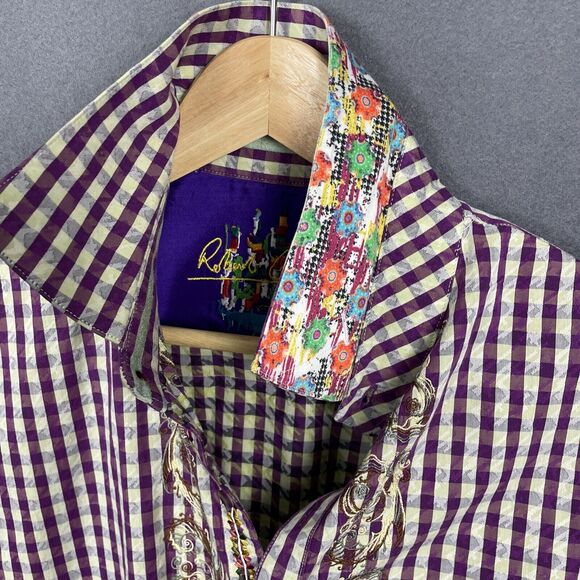 Robert Graham Shirt Mens L Large Long Sleeve Purple Plaid Embroidered Flip Cuff - Picture 2 of 15
